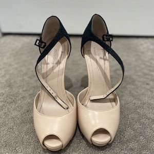 BCBGeneration open toed, black & taupe platform heels. Size 8.